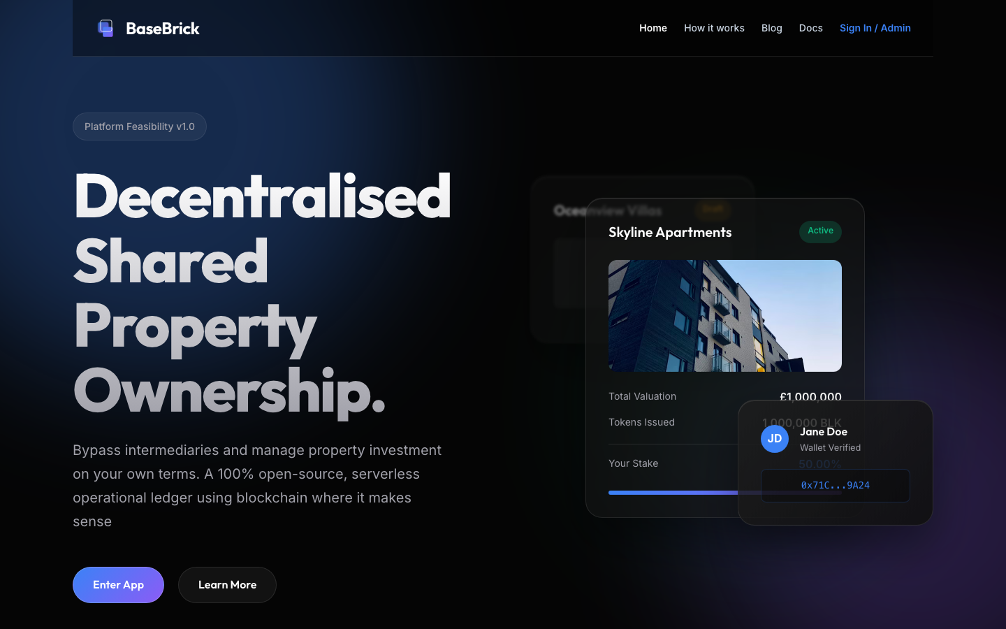 The BaseBrick homepage: decentralised shared property ownership