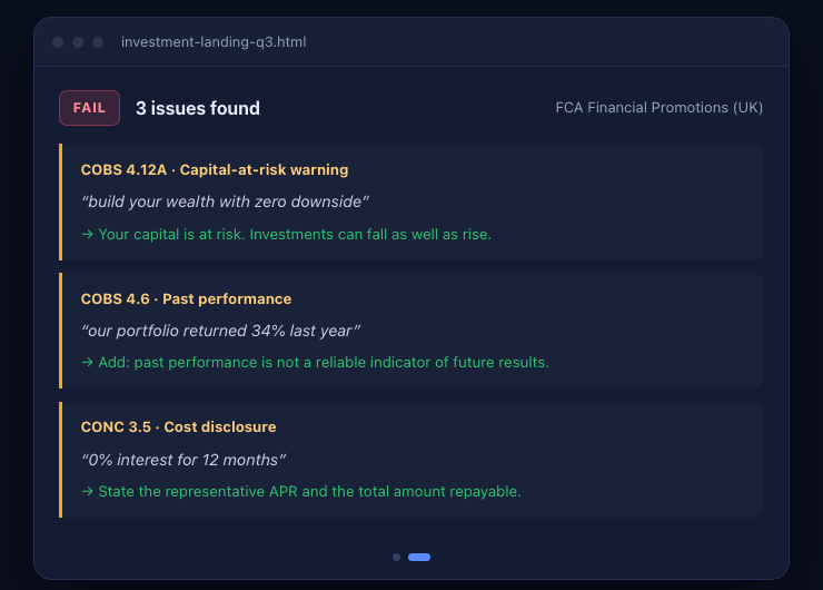 A Passmark report on an investment landing page. It fails with three issues against FCA Financial Promotions rules, each quoting the offending line and suggesting compliant wording.